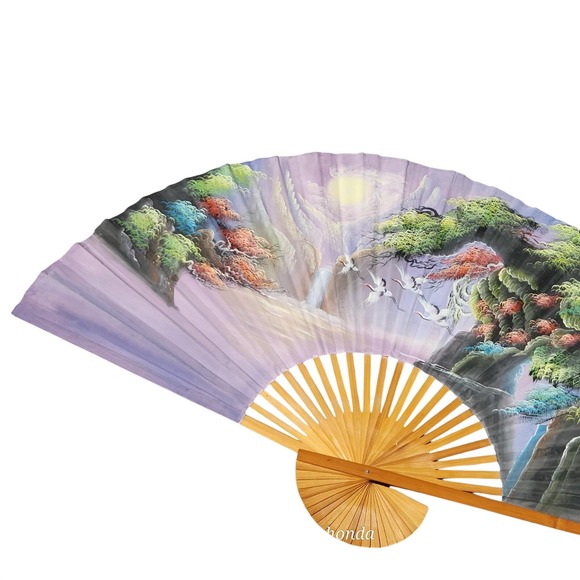 Vintage AsianFantasy Valley Large Bamboo & Silk Wall‎ Fan Handpainted 60"X35" - Picture 2 of 10